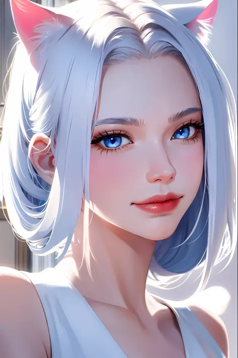 (Masterpiece: 1.2, highest quality), (real photo, intricate details), 1 Lady, Solo, Upper body, Casual, shoulder length hair, Minimal makeup, Natural fabric, Face close-up, Smile, Home, white hair, blue eyes, cat ears,