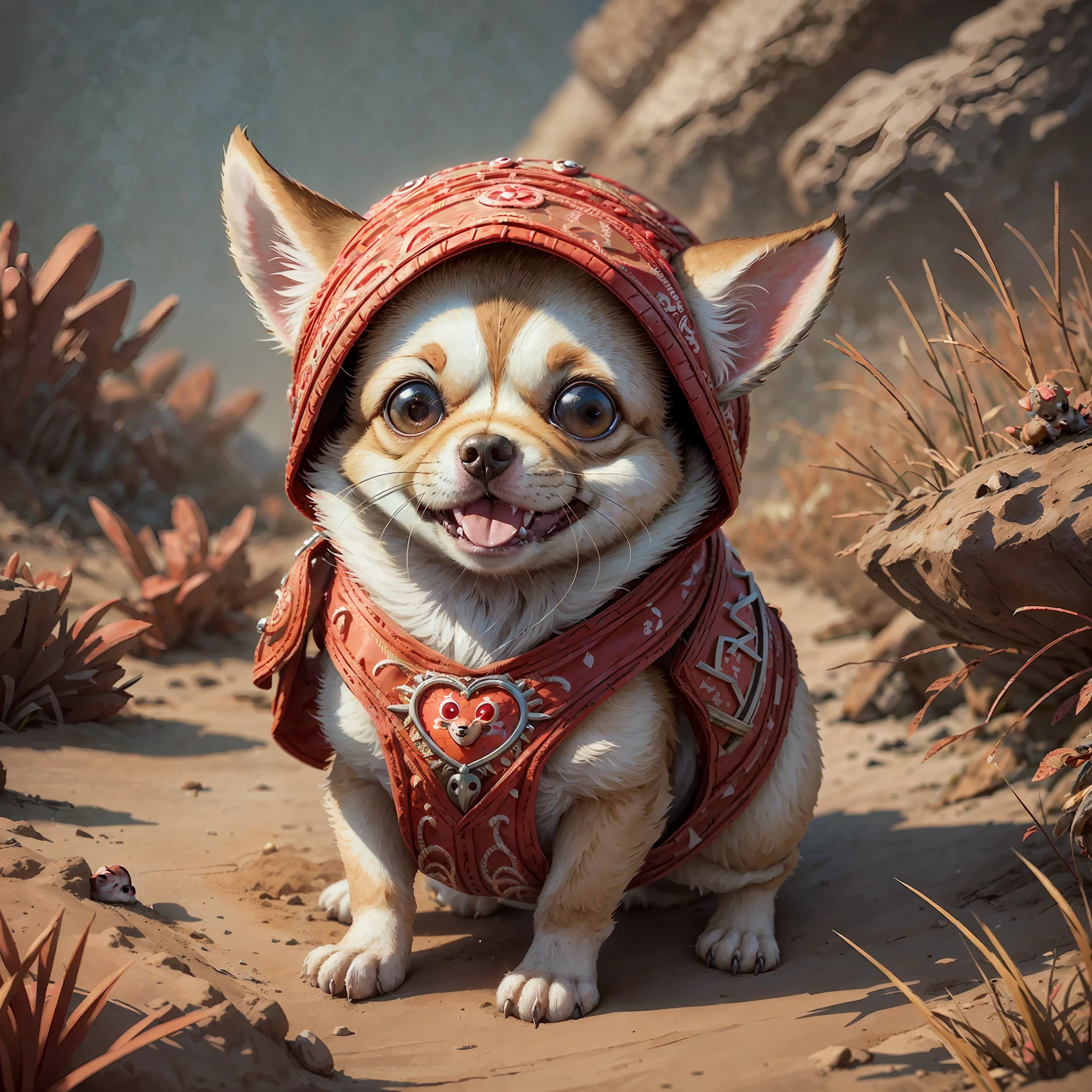 a (Niedlich:1.3) Chihuahua trägt ein (Niedlich:1.6)roter Bau, (komplizierte Details), HDR, (komplizierte Details, hyperdetailliert:1.2), Kinofoto, vignette, zentriert, octane render, artstation, Lachen,lustig --auto --s2