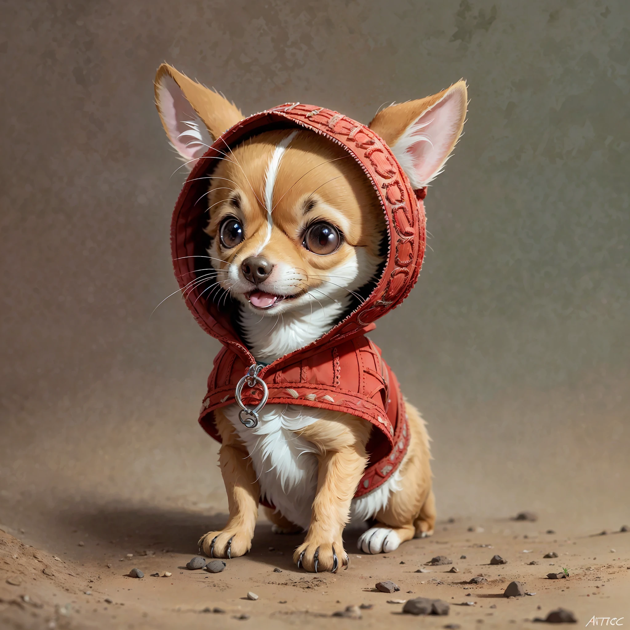 a (Niedlich:1.3) Chihuahua trägt ein (Niedlich:1.6)roter Bau, (komplizierte Details), HDR, (komplizierte Details, hyperdetailliert:1.2), Kinofoto, vignette, zentriert, octane render, artstation, Lachen,lustig --auto --s2