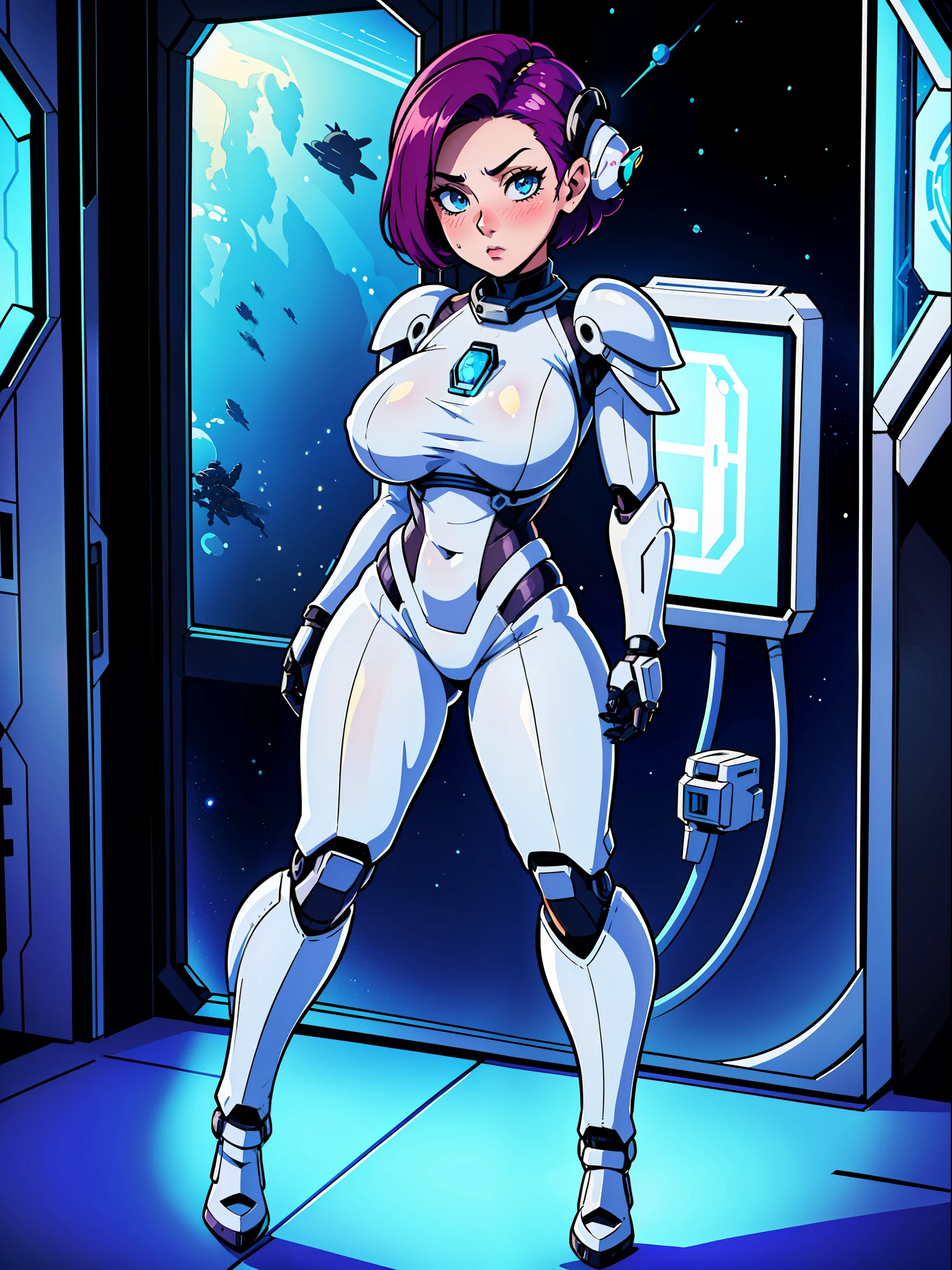 (full body photo:1.5), (one/woman/mechanic:1.5), (extremely large breasts:1.5), (all mechanical body:1.5), (with bionic armor:1.5), white with black gears, (she is inside a spaceship near the window seeing outer space:1.5), (she has very short purple straight hair:1.3), (blue eyes:1.3), (moaning:1.5), (blush:1.5), (is doing sensual poses standing up for the viewer:1.5),  anime style, Anime, 16k, high quality, textured skin, UHD, award-winning