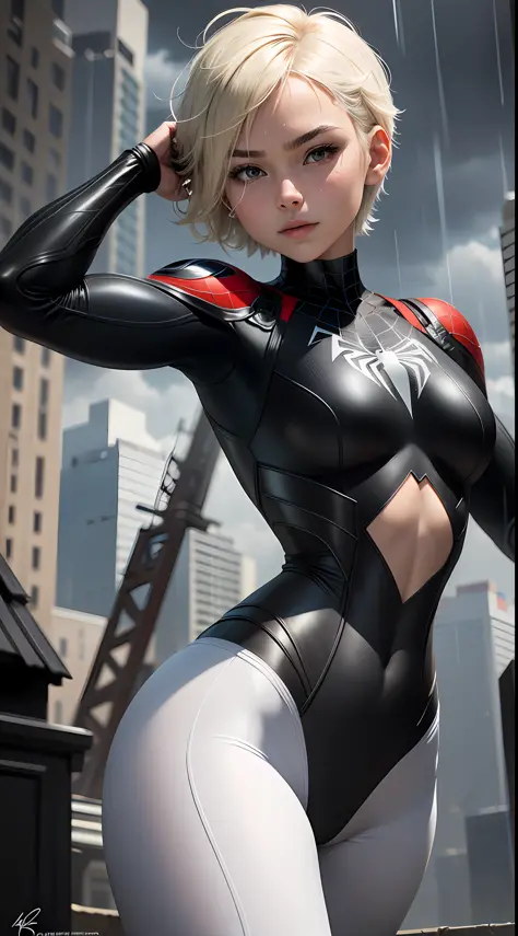 18 year old girl, upper body, black Spider-Man suit, white leggings, short hair, blonde hair, beautiful face, fighting stance, rain, roof, masterpiece, exquisite details, perfect anatomy