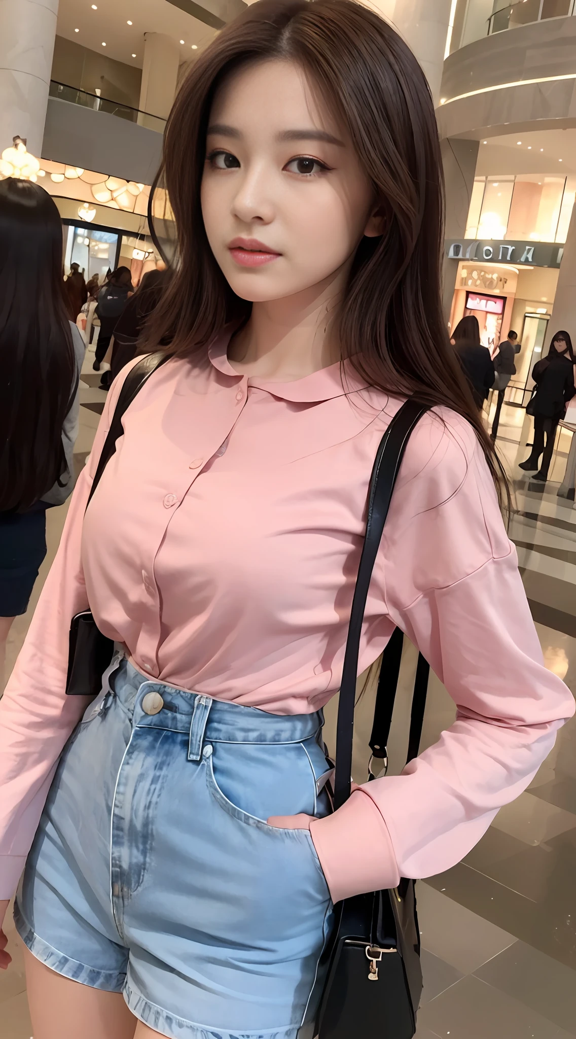 ((Realistic lighting, Best quality, 8K, Masterpiece: 1.3)), Focus: 1.2, 1girl, Perfect Beauty: 1.4, ((Dark brown hair)), (Pink shirt: 1.4), (Full body: 1:1) (Mall, night: 1.1), Super fine face, fine eyes, double eyelids,