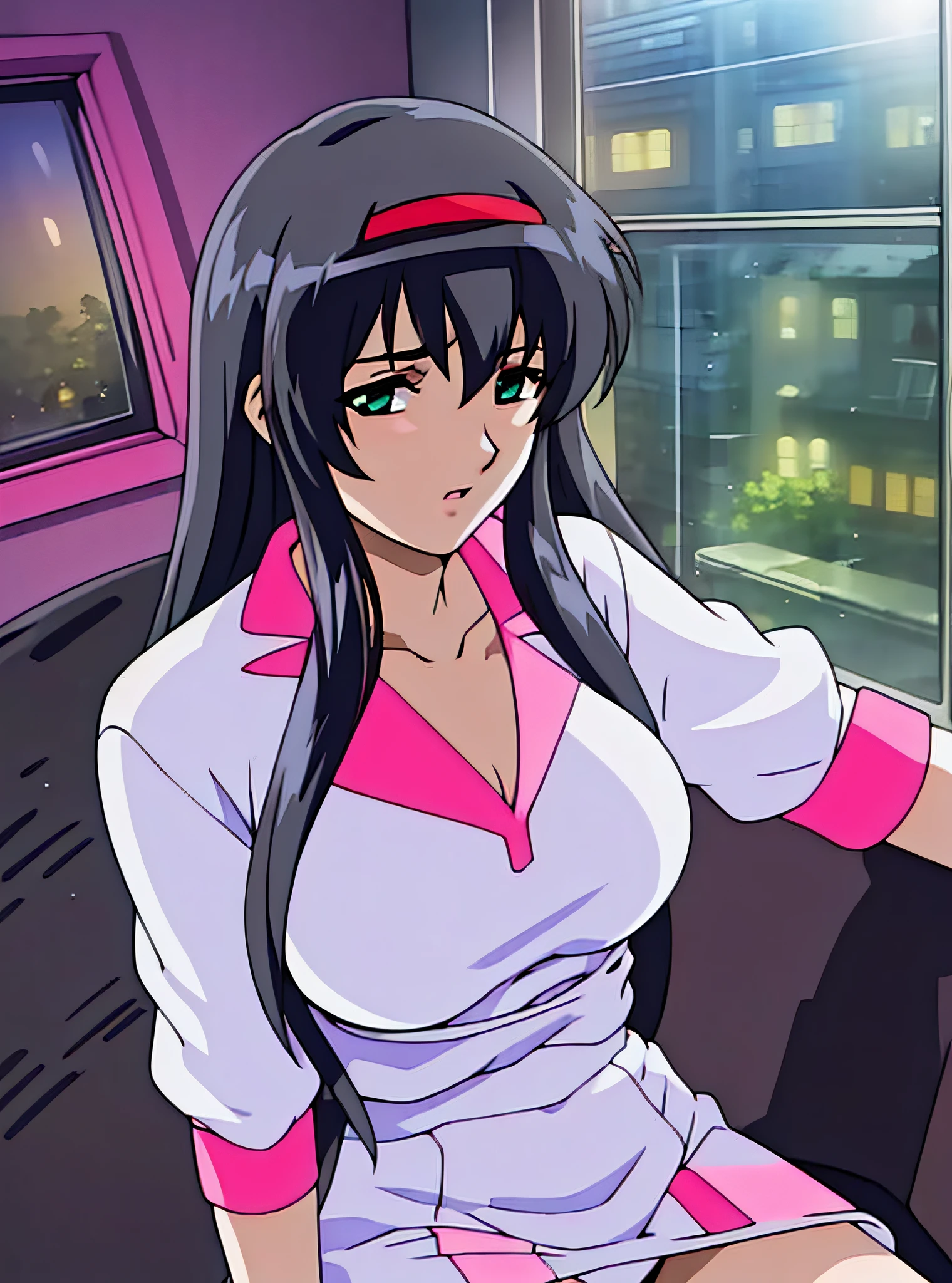 (Night: 1.7), Cyberpunk_CityView, Before Window, Sitting with care, sitting on the sofa, pink_white_short skirt, pink_white_shirt, red_hairband,Black hair, Long hair, Green eyes, Side hair, Straight, V bang, 1 girl, 20 years old, young woman, beautiful fingers, beautiful long legs, beautiful body, beautiful nose, Beautiful character design, perfect eyes, perfect face, look at the viewer, (innocent_big_eyes:1.0), (expressionless:1.3), NSFW, official art, highly detailed CG Unity 8k wallpaper, perfect lighting, colorful, Bright_Front_face_Lighting, (masterpiece: 1.0), (best quality: 1.0), Ultra High Resolution, 4K, Ultra Detail, Photo, 8K, HDR, Hi-Res, Absurdity: 1.2, Kodak portra 400, Film Grain, Blurry Background, Bokeh: 1.2, Lens Flare, (vibrant_color:1.2) (Beautiful, Large Breasts: 1.4), (Beautiful Face: 1.5), (Narrow Waist),