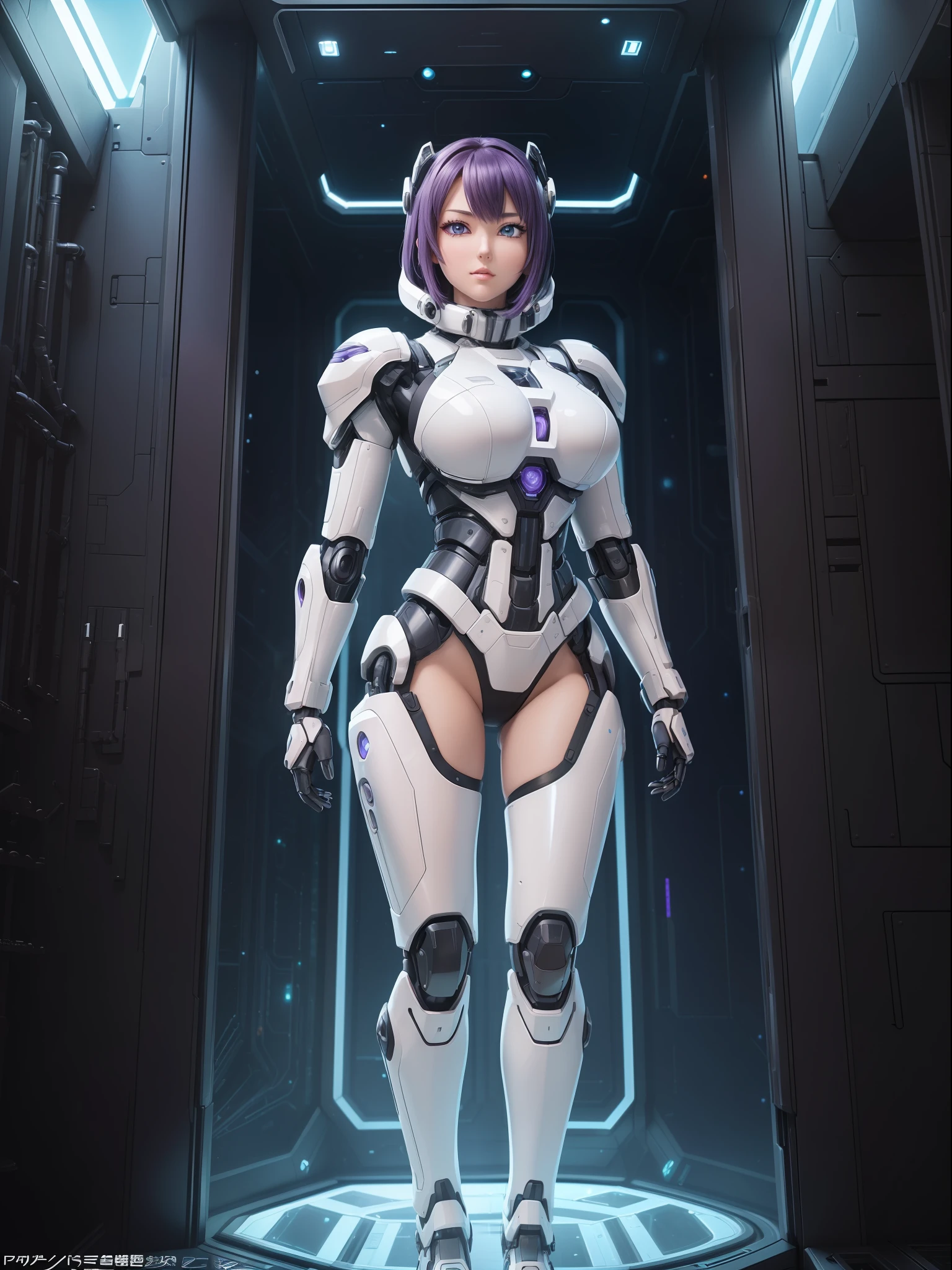 (full body photo:1.5), (one/woman/mechanical:1.5), (extremely large breasts:1.5), (all mechanical body:1.5), (with bionic armor:1.5), white with black gears, (she is inside a spaceship near the window seeing outer space:1.5), (she has very short purple straight hair:1.3), (blue eyes:1.3), (moaning:1.5), (blush:1.5), (doing sexual/standing pose/for the viewer:1.5), (Unreal Engine 5, 3D, anime style, Anime, 16k, high quality, textured leather, UHD, award-winning)