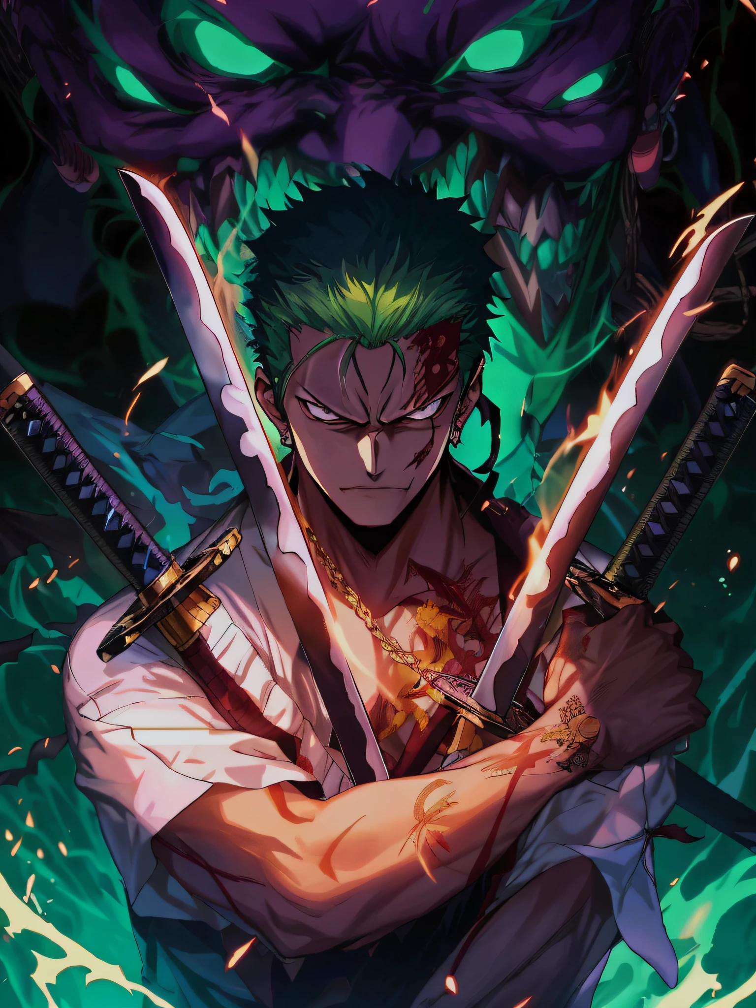 anime character with two swords in front of a demon, roronoa zoro, badass anime 8 k, anime epic artwork, 4 k manga wallpaper, anime wallpaper 4 k, anime wallpaper 4k, 4k anime wallpaper, anime wallaper, anime art wallpaper 4k, anime art wallpaper 4 k, anime masterpiece, anime style 4 k, anime art wallpaper 8 k