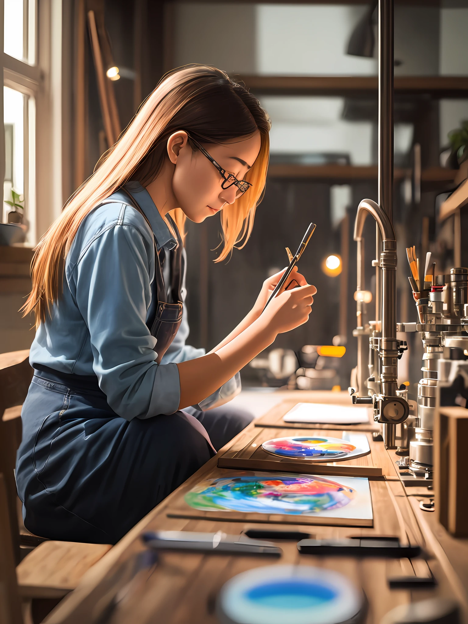 Arafed woman in a blue shirt and glasses working on a painting - SeaArt AI