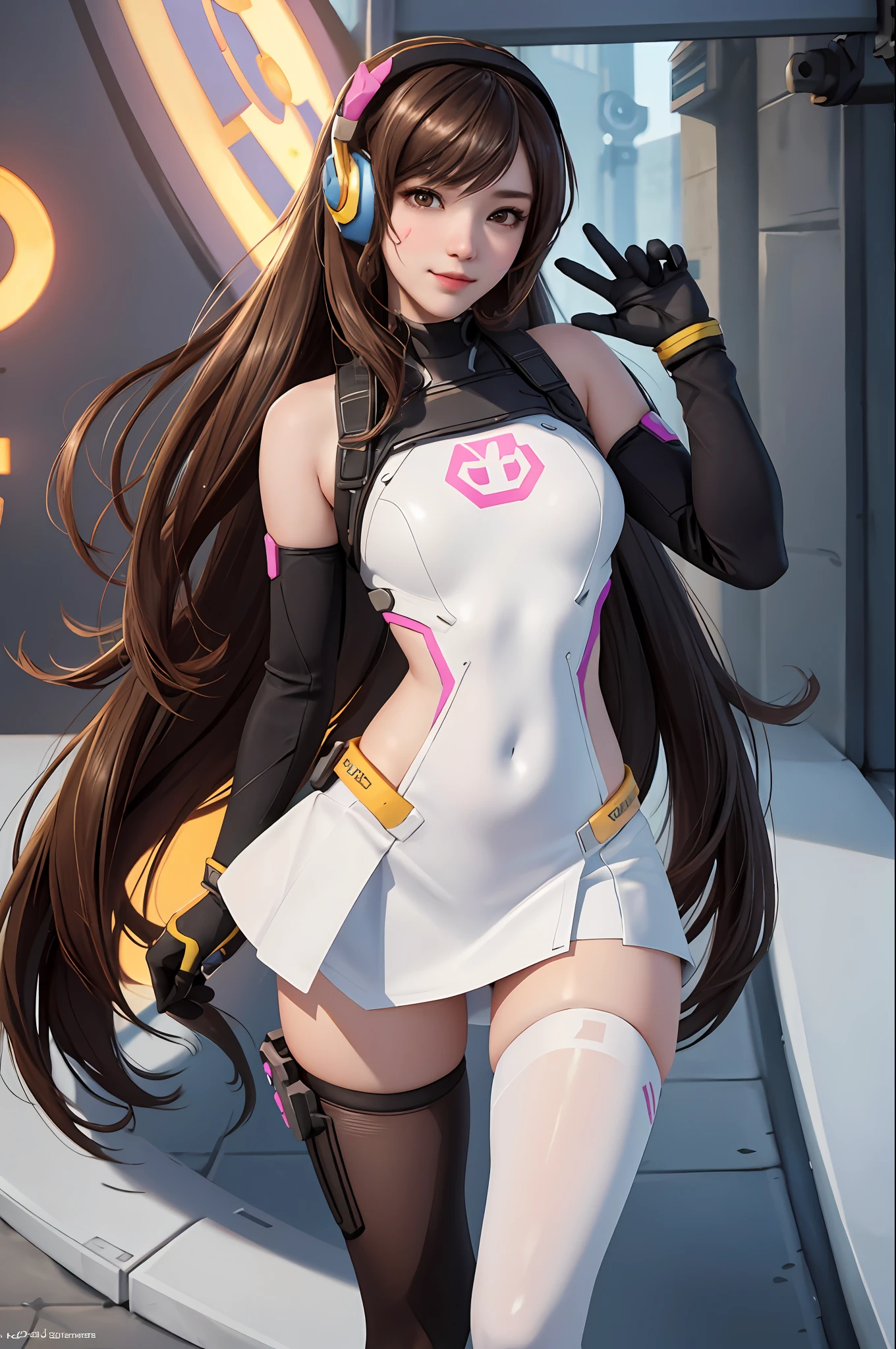 masterpiece, original, realistic, high resolution, (detailed), (photography), (realistic), (wide_shot:1.2), full_body, 1 girl, single focus, long hair, d.va (Overwatch), brown hair, tights, face markers, beard markers, seductive smile,skinny figure,slim body, headphones, gloves (KBXLL:1), Ulzzang-6500, (Korean mix, Kpop idol), (Overwatch background)