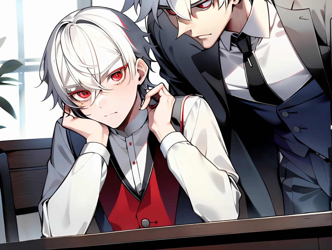 Two adult men, one lying on the table, the other standing behind him, short white hair, gentle, ( Broad shoulders: 1.4,, red eyes, beautiful men, eyelashes, school uniform, beautiful boys, two-dimensional, close-up, gentle, handsome