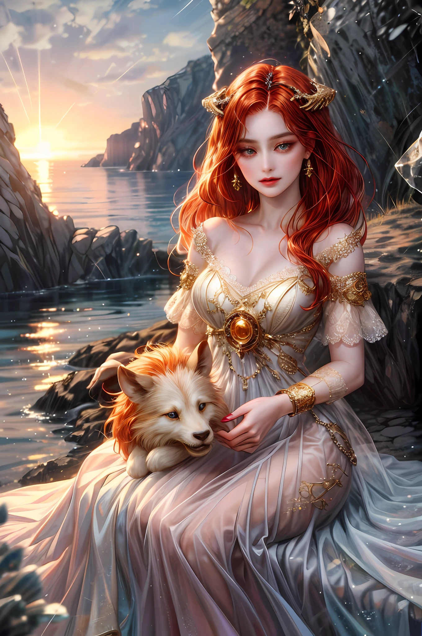 ( High quality , ultra detailed to hand ) ( careful hand ) Zodiac sign- Aries goddess , similar to latin goodness , Brave ,willful ,productive ,enterprising and humanitarian face . Moody, impulsive, impatient, assertive style . sunset reddish hair , transparent dress , in the ocean with sun , whole body , crystal fire eyes ( eye detailed ) . strong powerful make up look . Fire goddess .