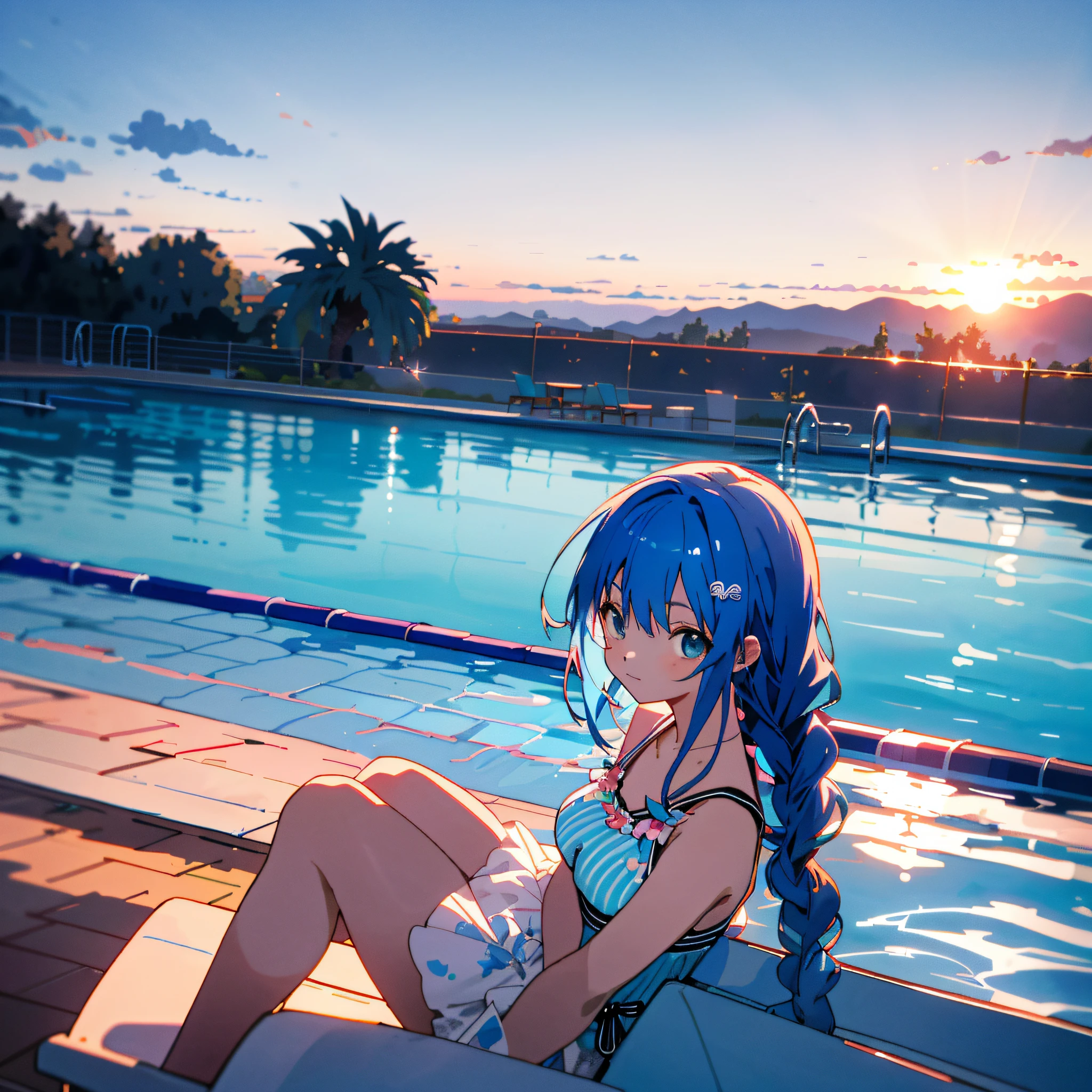 Anime girl sitting on a bench by a pool at sunset - SeaArt AI