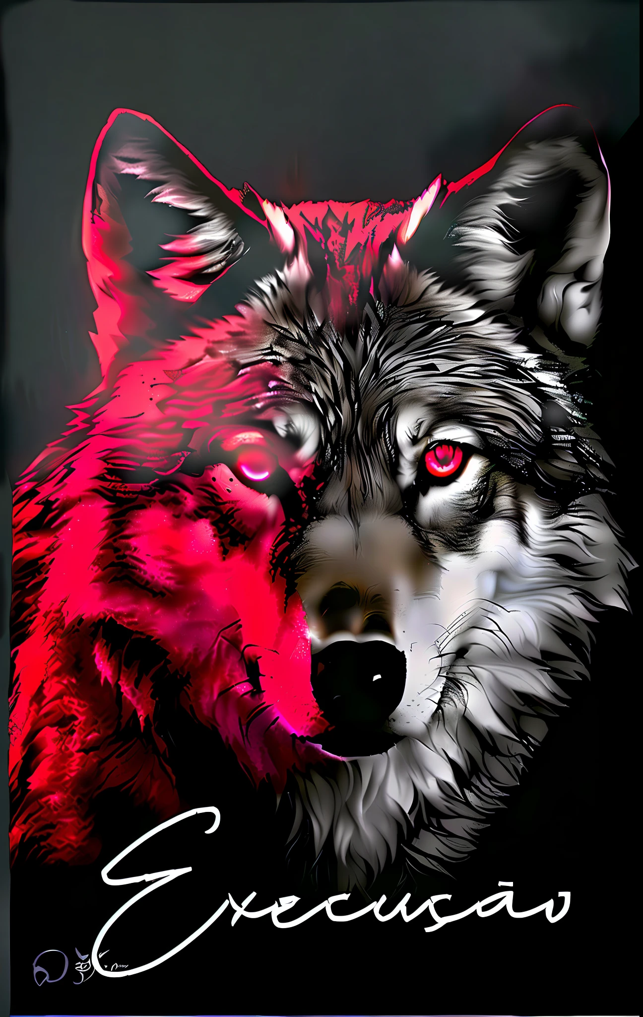 A close up of a wolf with red eyes on a black background - SeaArt AI