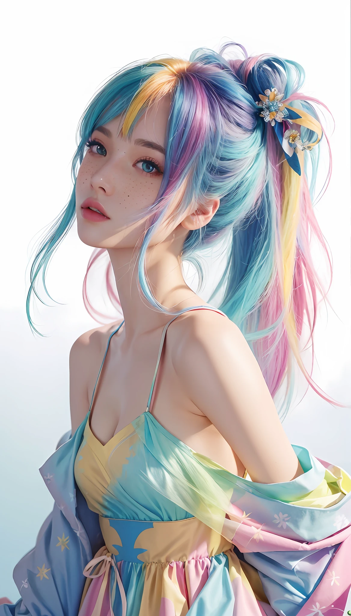 ((ultra detailed)),((Bright eyes)), (Detailed eyes) , 8k, blink blink, (The Little Faux Freckles Makeupgirl), ((realistic skin)), ((focus detailed 2 straps on the shoulders of dress)) , ((shiny facial skin)), with colorful hair and a colorful dress, rossdraws pastel vibrant, rossdraws cartoon vibrant, style anime 8k, beautiful portrait, artgerm colorful!!!, ! dream artgerm, beautiful anime girl, styled digital art, art wallpaper 8k, digital art, extremely detailed artgerm,