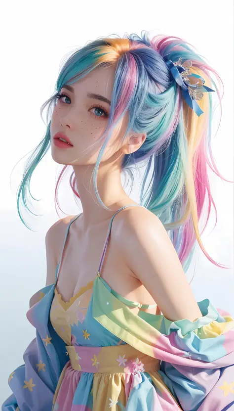 ((ultra detailed)),((Bright eyes)), (Detailed eyes) , 8k, blink blink, (The Little Faux Freckles Makeupgirl), ((realistic skin)), ((focus detailed 2 straps on the shoulders of dress)) , ((shiny facial skin)), with colorful hair and a colorful dress, rossdr...