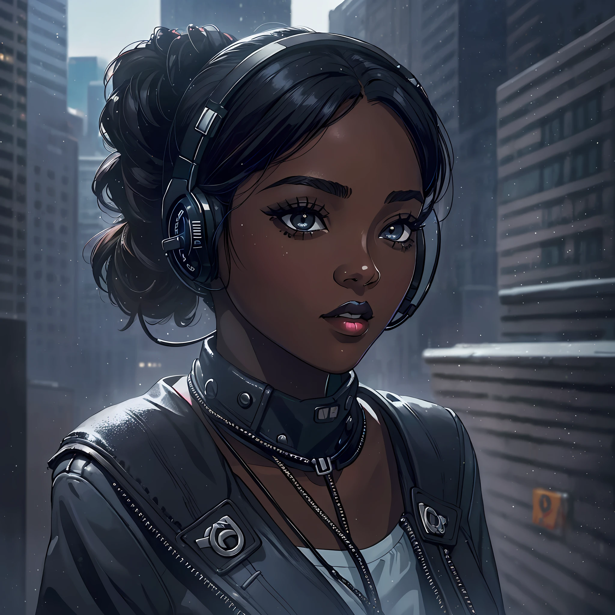 (a young woman:1.2)| (a girl:1.1), dark skin, portrait, makeup, super detailed, Noir style, headset, city, direct look, contoured.