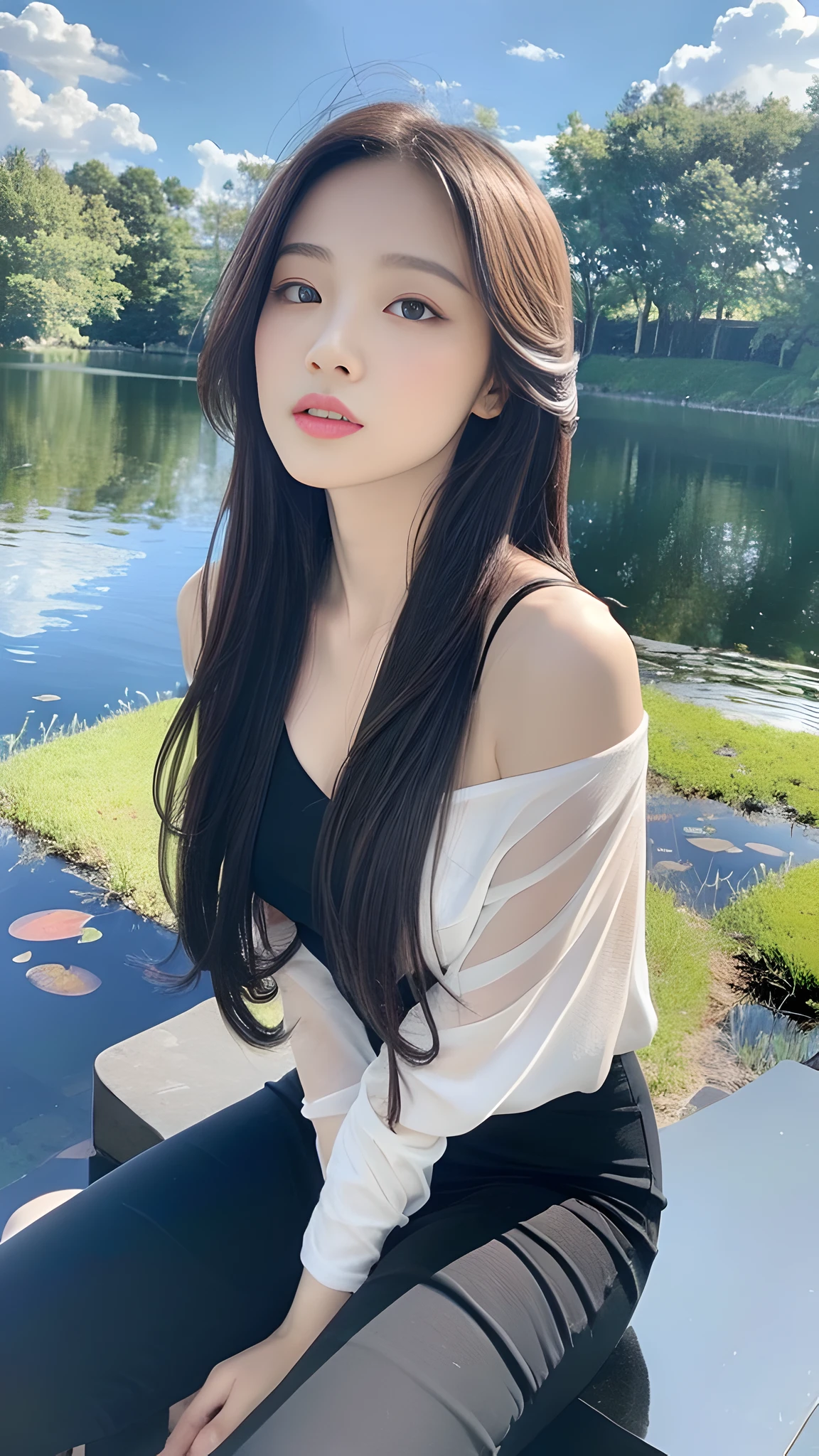 ((Best Quality, 8K, Masterpiece:1.3)), a beautiful girl, pure, melon face, gentle and cute, thin figure, (frontal), (tilted head), looking directly into the camera, [detached sleeves::0], [collared shirt::0], [capri pants::0], black silky long straight hair, long hair flowing over the shoulders, round black big eyes, clear big eyes, moist red lips, sweet, sitting by the pond, blue sky and white clouds, sunshine ,, idyllic background