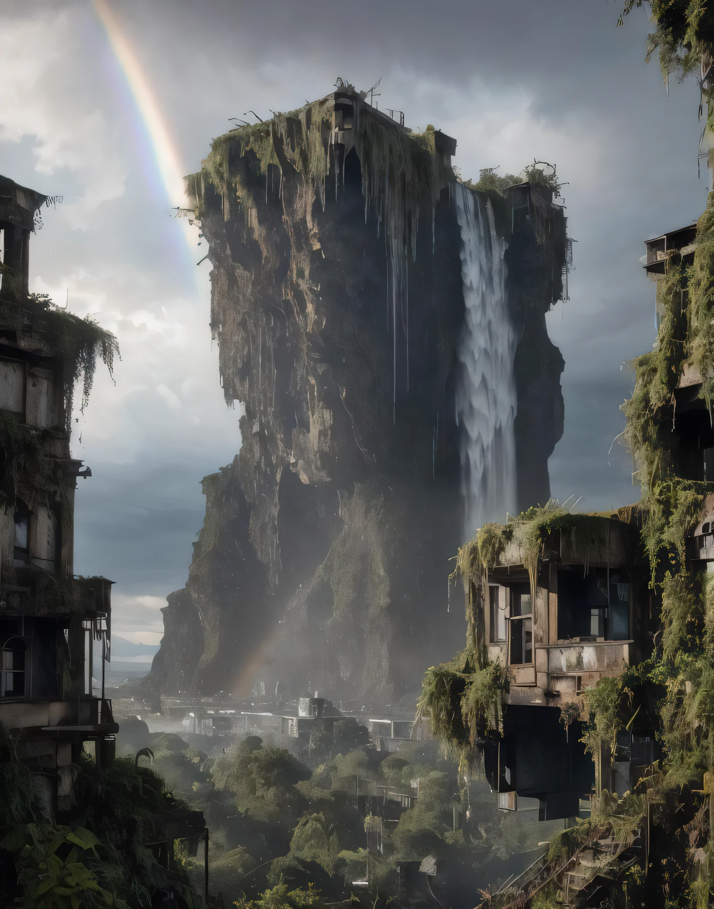 overgrown postapocalyptic ruins, birds in the sky, a rainbow, waterfall : : close shot : : 3 5 mm, realism, octane render, 8 k, exploration, cinematic, trending on artstation, realistic, 3 5 mm camera, unreal engine, hyper detailed, photo - realistic maximum detail, volumetric light, moody cinematic epic concept art, realistic matte painting, hyper photorealistic, concept art, volumetric light, cinematic epic, octane render, 8 k, corona render, movie concept art, octane render, 8 k, corona render, cinematic, trending on artstation, movie concept art, cinematic composition, ultra - detailed, realistic, hyper - realistic, volumetric lighting, 8 k