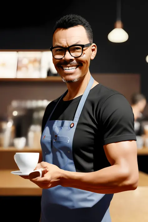 guttonerdvision4, barista (man) with slight smile while serving a cup of coffee, cinematic, by Artgerm and rossdraw and wlop, re...