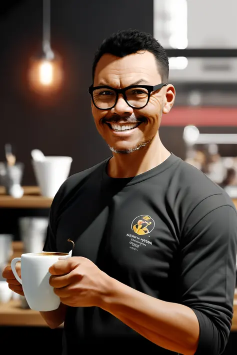 guttonerdvision4, barista (man) with slight smile while serving a cup of coffee, cinematic, by Artgerm and rossdraw and wlop, re...