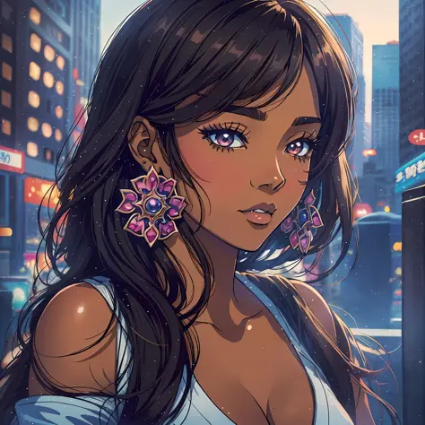 (a young woman:1.2)| (a girl:1.1), dark skin, portrait, makeup, super detailed, Manga/Anime style
, city, direct look, contoured...