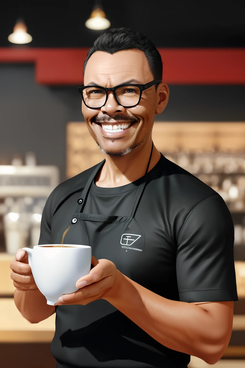 GuttonerdVision4, barista (homem) com sorriso discreto enquanto serve uma xícara de café, cinematic, por Artgerm e rossdraw e wlop, realista, K, tendência em artstation, obra de arte, melhor qualidade