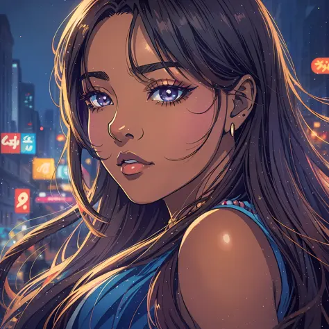 (a young woman:1.2)| (a girl:1.1), dark skin, portrait, makeup, super detailed, Manga/Anime style
, city, direct look, contoured...