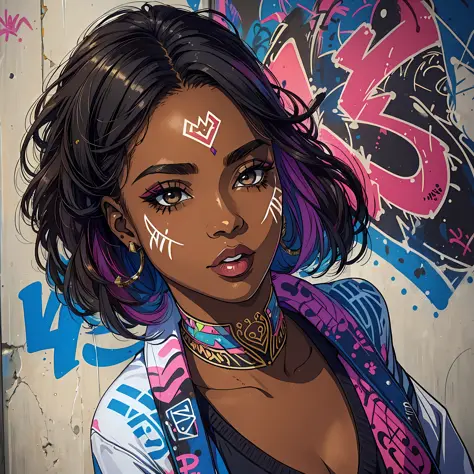 (a young woman:1.2)| (a girl:1.1), dark skin, portrait, makeup, super detailed, urban art/graffiti style, city, direct look, con...