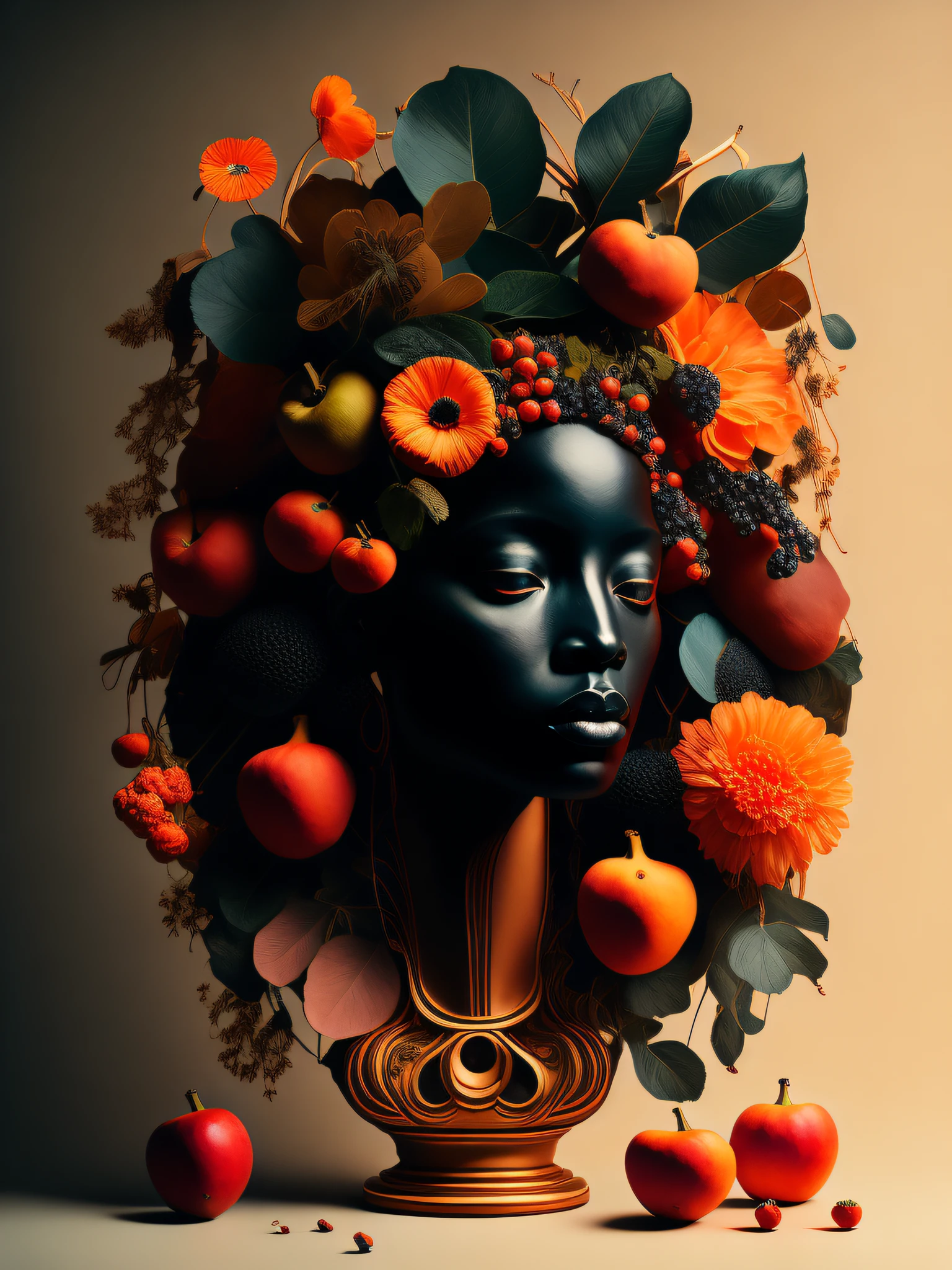 Una pintura de la cabeza de una mujer rodeada de flores y frutas
