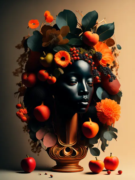 a painting of a woman's head surrounded by flowers and fruit