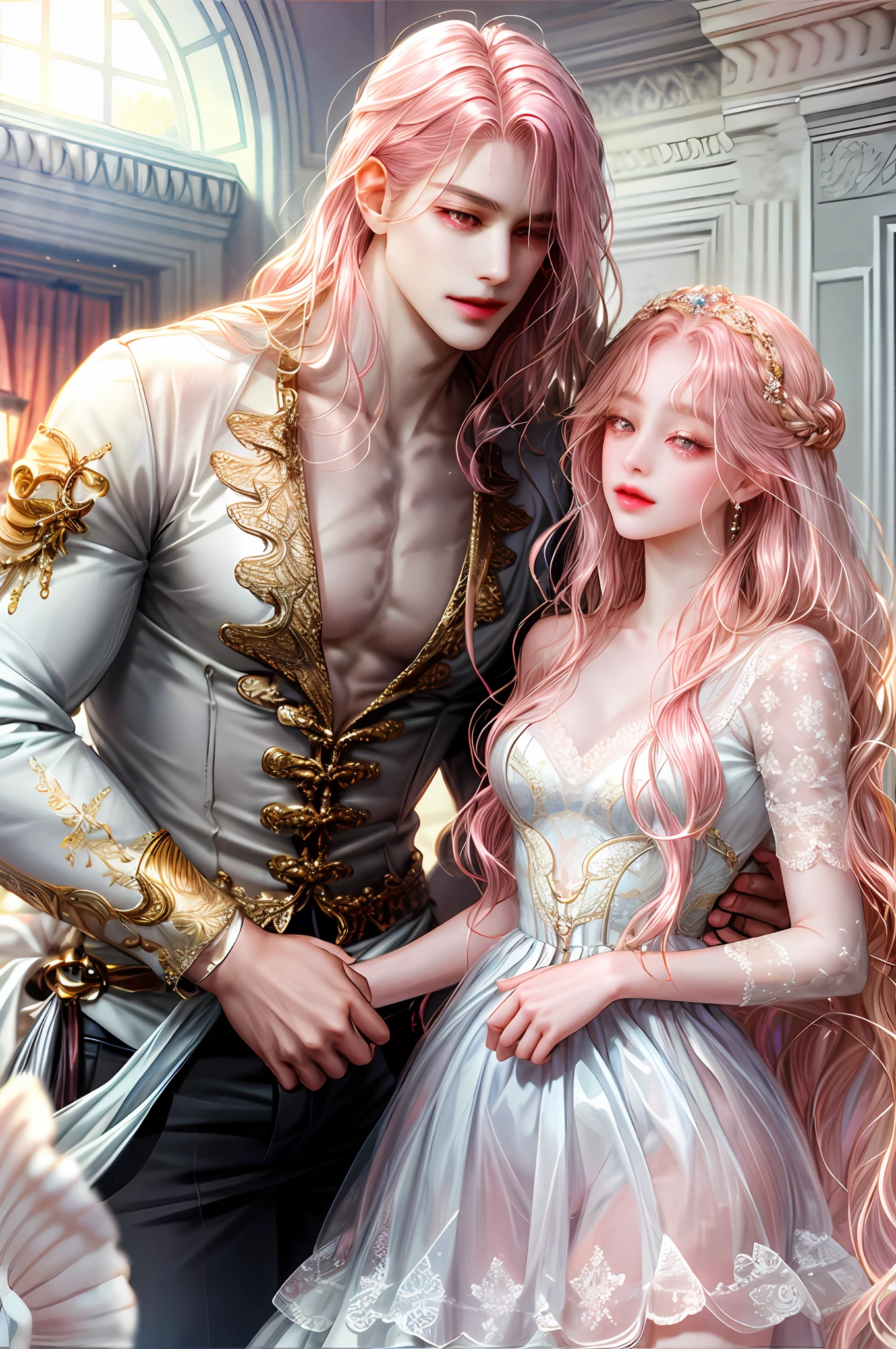 ( High quality , ultra detailed, careful with hand )Zodiac - Pisces goddess , similar to latin goodness .  Sensible, placid, easygoing warm-hearted face . Dreamy, obsessive, restless, lack of self-confidence. style . Dark pink eyes (eyes detail) , light pink hair , long wavy hair, transparent dress , in the ballroom with partner . Height difference . Partner has blonde hair , whole body , light make up look .