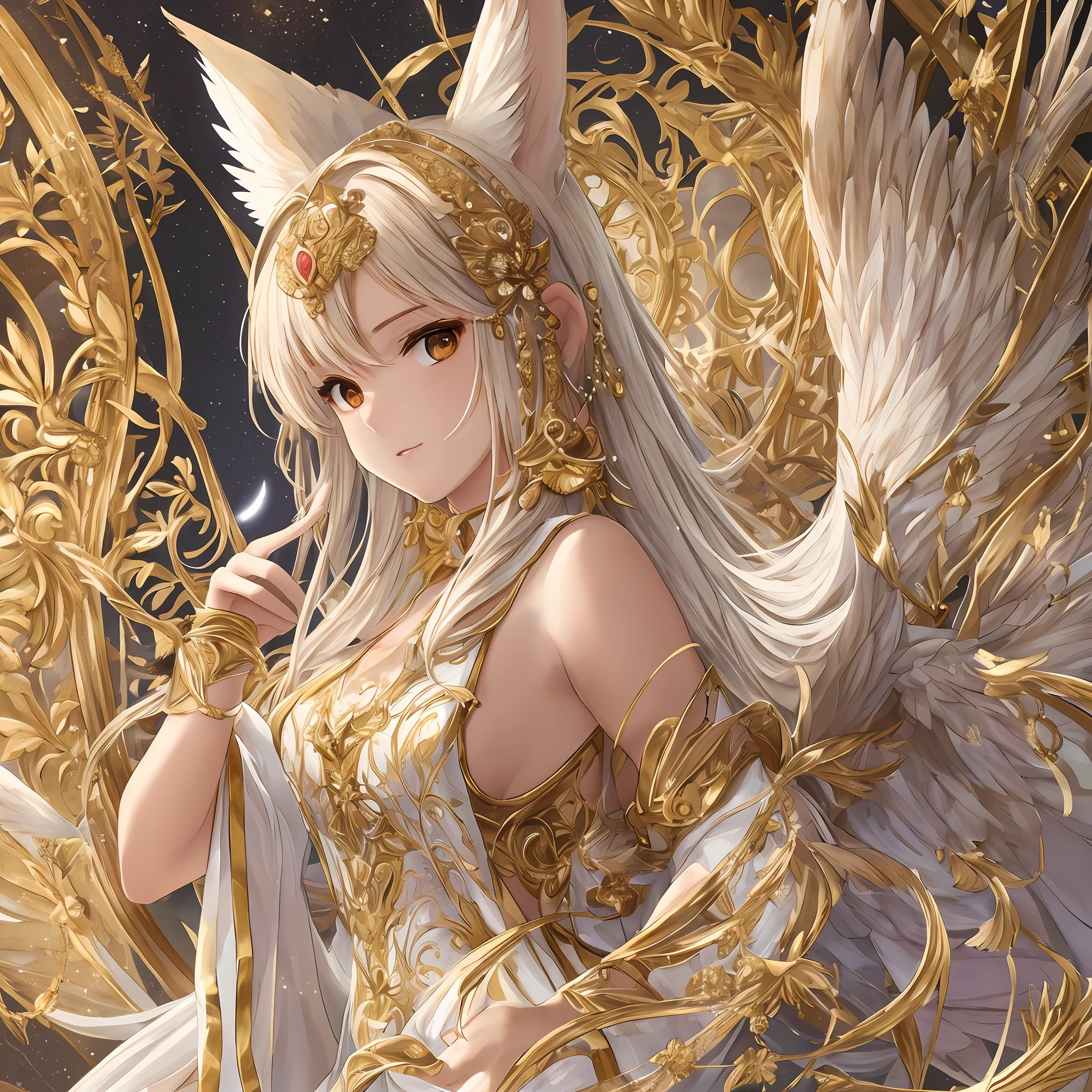 (best quality, masterpiece), celestial, a beautiful angel, has wings,(long fox ears:1.2) with golden tips, (little mini wings on head:1.1), serene expression, delicate and elegant.