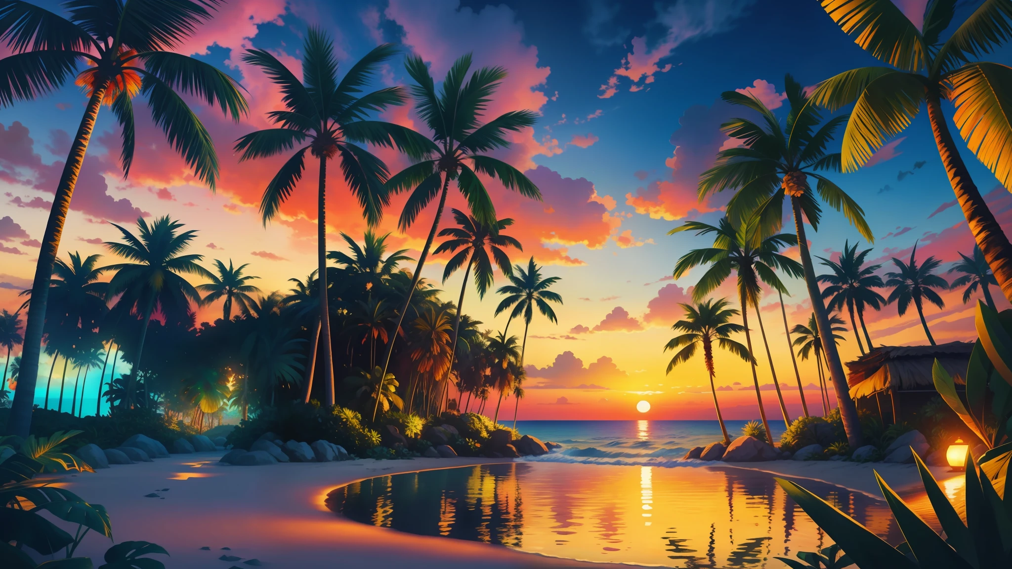 Masterpiece, best quality, sunny beach, undulating palm trees and vibrant tropical landscapes, photorealistic, photography, sunny, twilight, tropical jungle, highres, flower, cinematic lighting