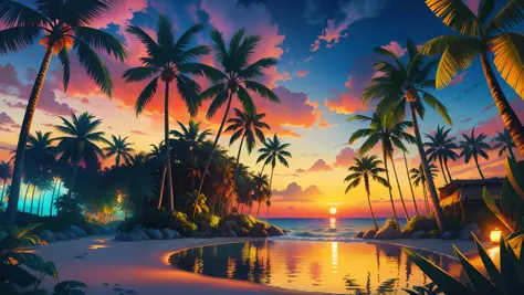 masterpiece, best quality, sunny beach, undulating palm trees and vibrant tropical landscapes, photorealistic, photography, sunn...