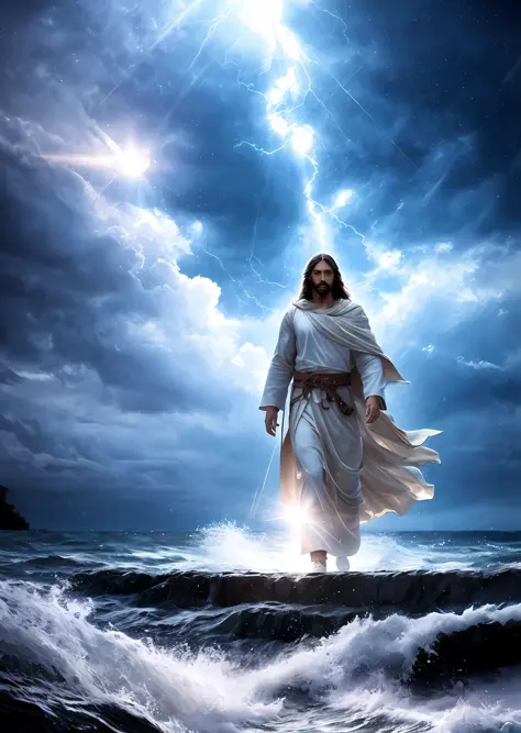 Jesus walking on water in a storm, gentle expression, streaks of light coming down from the sky, masterpiece, highest quality, h...