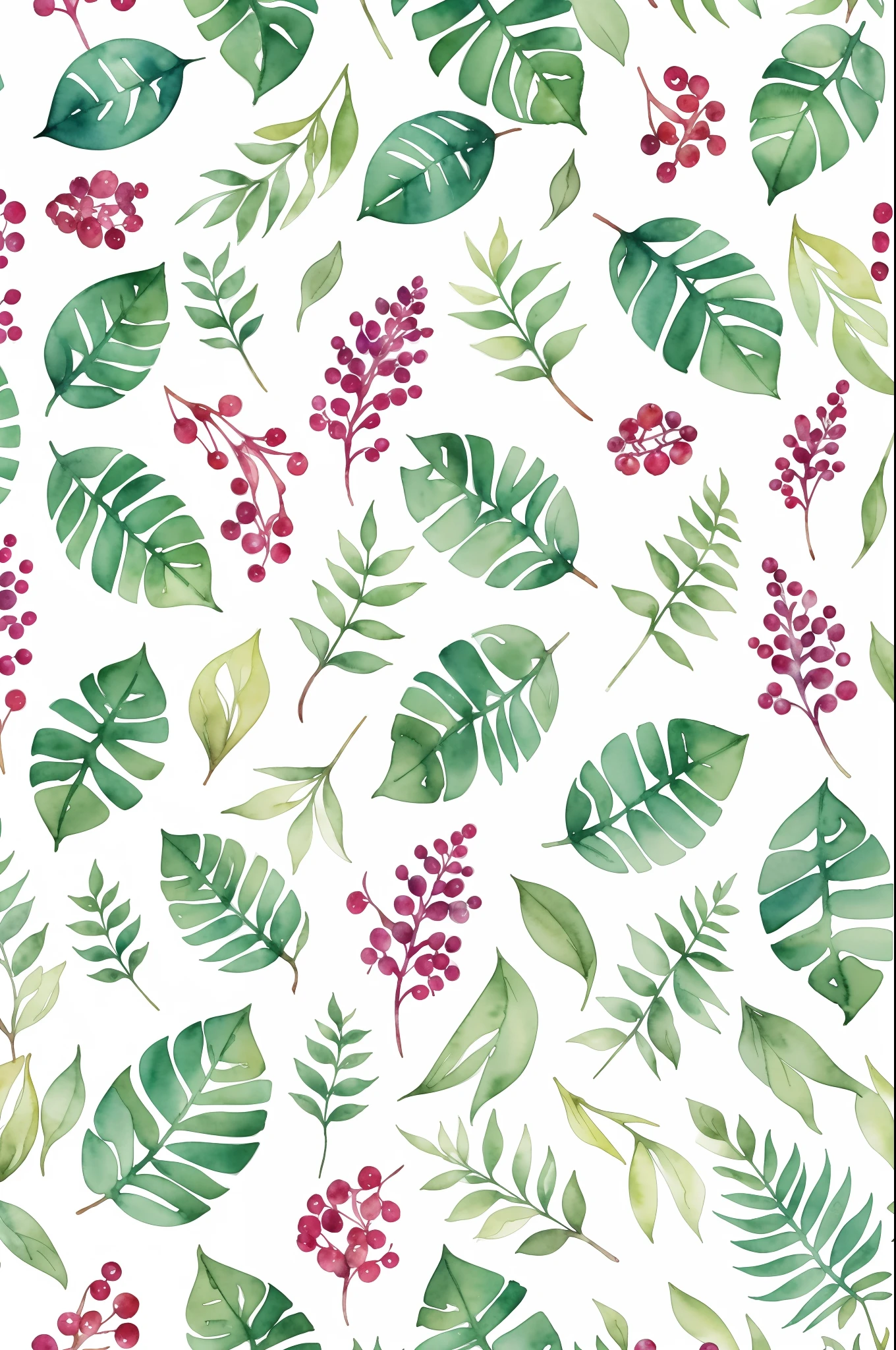 精美的半水滴水彩花卉图案, 浆果,  蕨类植物, 树叶,  平静的颜色 #3b4195 颜色背景. 水彩纸纹理.