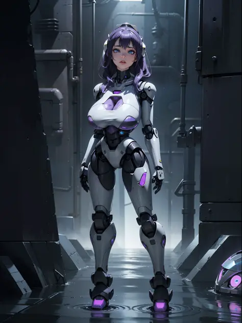 (full body photo+standing+looking at the viewer:2), (woman+robo:1.8), (extremely large robotic breasts:2), (she is wearing black...