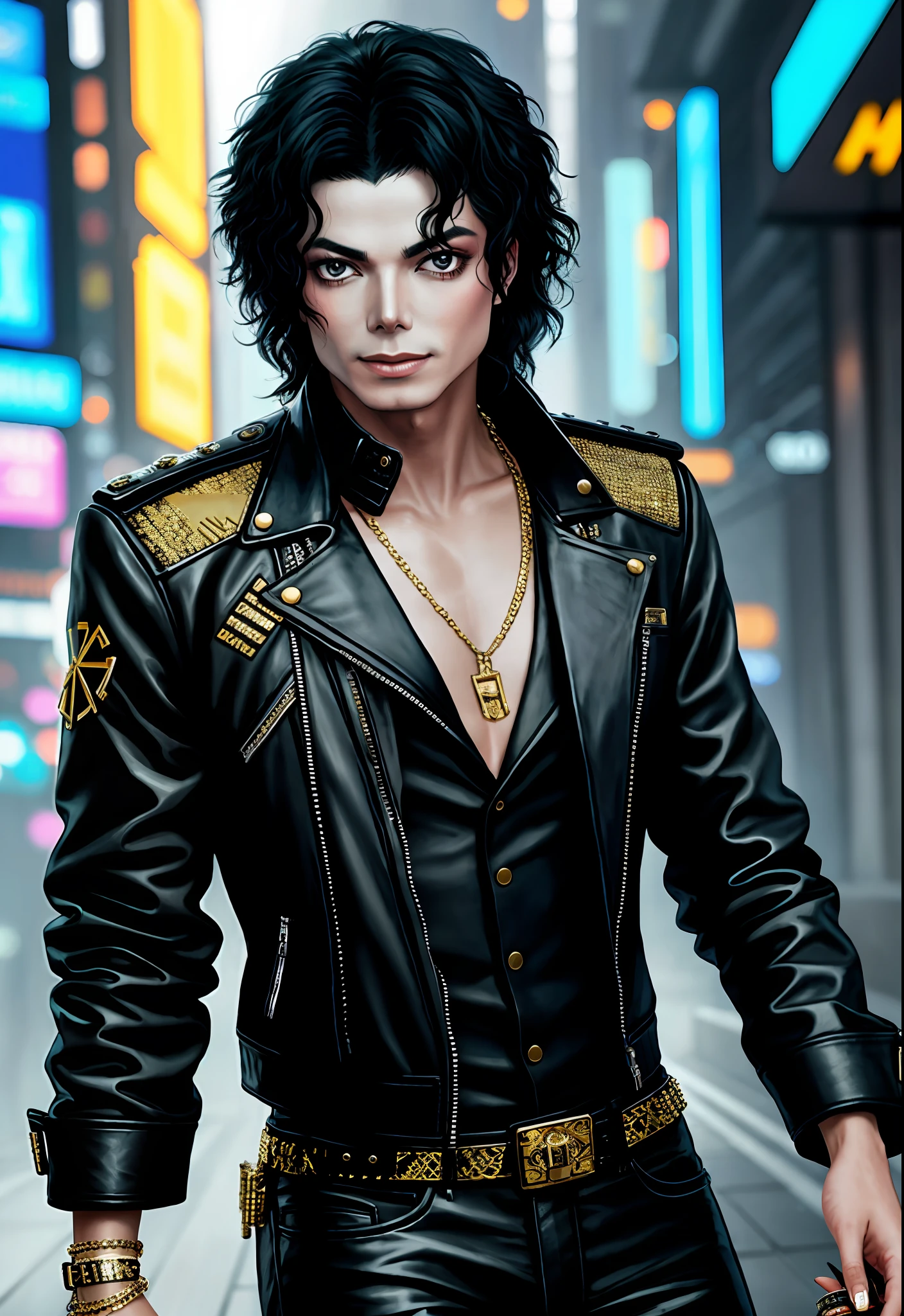 uma pintura de um Michael Jackson, fundo, Estilo Cyberpunk 2077, faixa de ouro em volta dos seios