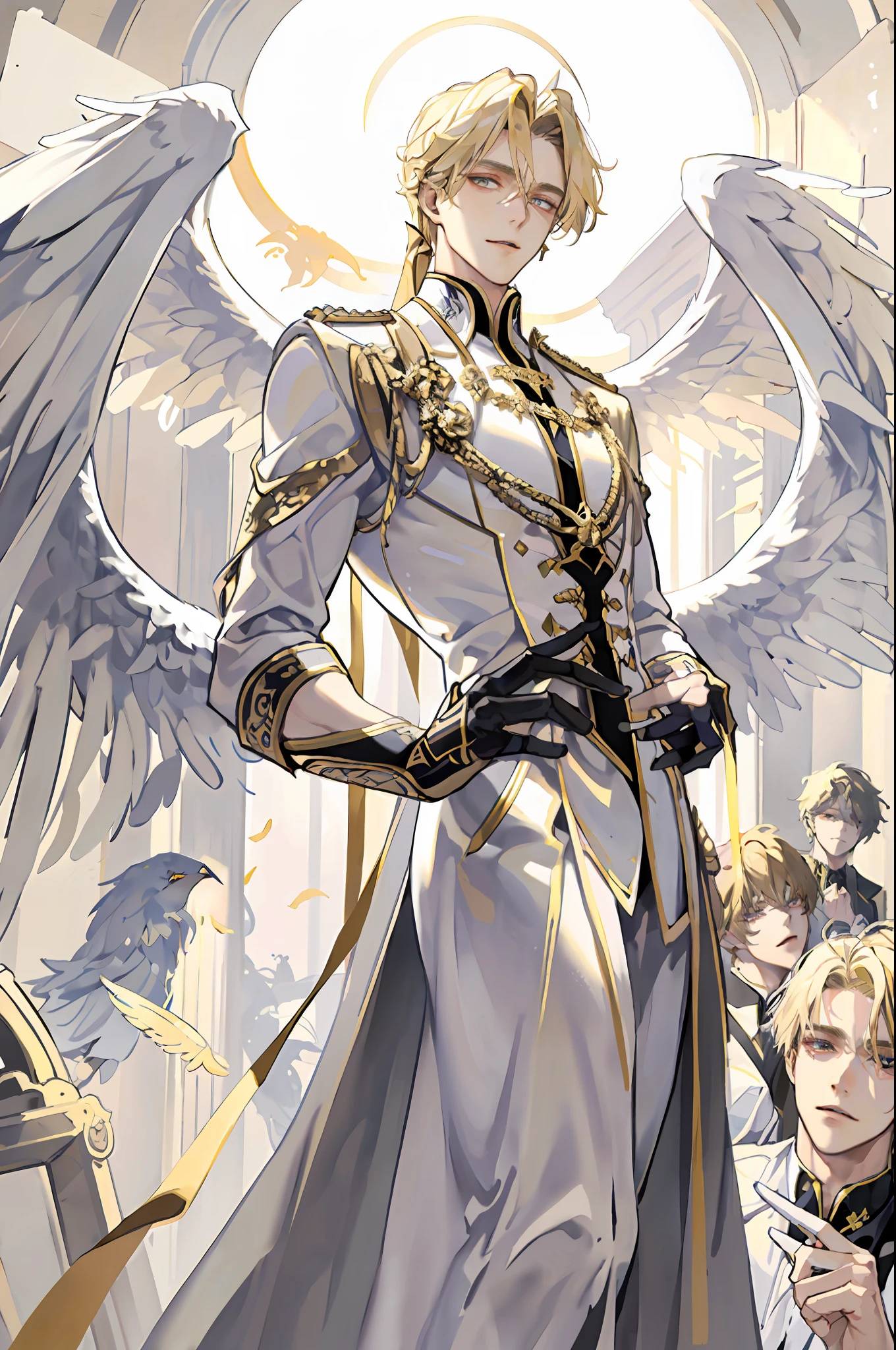 ((masterpiece, best quality)), 1guy, fallen angel Lucifer, very handsome, blonde and medium hair, thin, huge and beautiful wings on the back, in white clothes, evil expression, looking at the viewer, golden clouds in the background