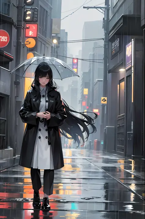 In a bustling cityscape adorned with towering skyscrapers and neon lights, a young woman 25 years old, , cute,  walks down a rain-soaked road, his steps guided by the rhythm of the falling droplets. Holding a vibrant umbrella, he becomes an oasis of color ...