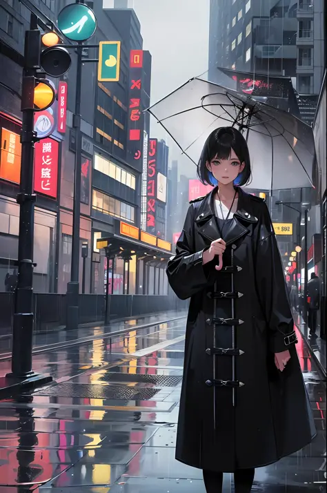 In a bustling cityscape adorned with towering skyscrapers and neon lights, a young woman 25 years old, , cute,  walks down a rain-soaked road, his steps guided by the rhythm of the falling droplets. Holding a vibrant umbrella, he becomes an oasis of color ...