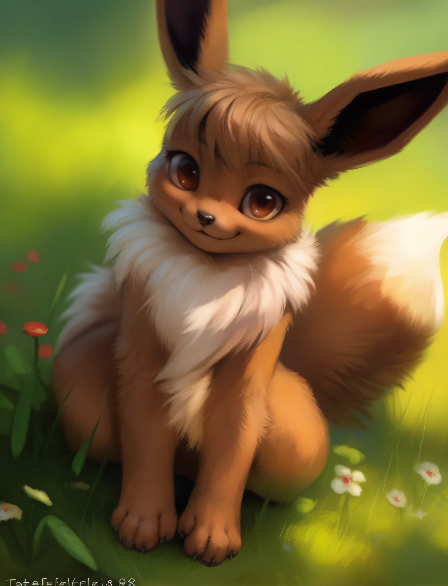 by kenket, by totesfleisch8, (by thebigslick, by silverfox5213:0.8), (by syuro:0.2), pokekid, eevee, fluffy girl, furry girl, female, smile, smiling, has a big pretty bow in her hair, has animal paws for hands, 1girl, best quality, outdoors, high definition, cute,