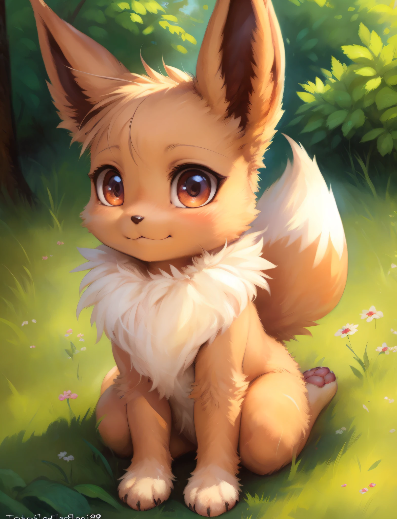 por kenket, por totesfleisch8, (por thebigslick, por SilverFox5213:0.8), (por syuro:0.2), Pokechico, eevee, chica esponjosa, chica peluda, femenino, tiene un lazo grande y bonito en el pelo, tiene patas de animales en lugar de manos, 1 chica, mejor calidad, Al aire libre, alta definición, lindo,