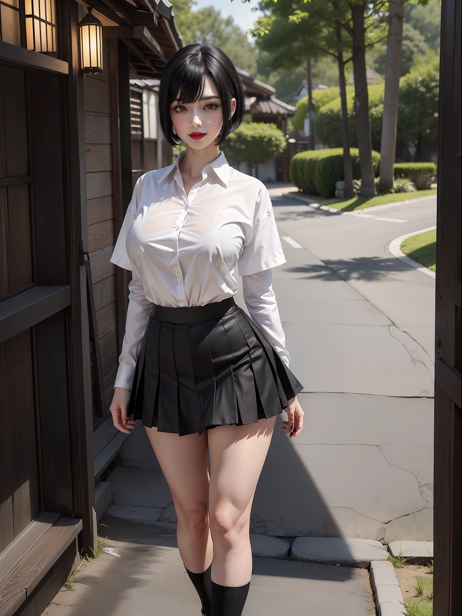 (Fatal Frame Borboleta Carmesim), (foto de corpo inteiro:1.5), Um/mulher, (Seios exageradamente grandes:1.5), (vestindo roupa de colegial com camisa de tecido branca+saia preta curta de tecido+extremamente apertado no corpo:1.5), (atrás dela está o fantasma de uma bela mulher vestida de preto, toda rasgada:1.3), ela está em uma vila japonesa antiga à noite com neblina,  ela fica do lado de fora da entrada de uma casa fazendo poses sensuais para o espectador, sorridente, usando batom vermelho na boca, ela tem cabelos pretos muito curtos e lisos+franja na frente de seus olhos, olhos verdes, estilo anime, ultra qualidade, ultra detalhado, 16k, obra de arte, olhos extremamente detalhados, melhor nitidez, luminosidade