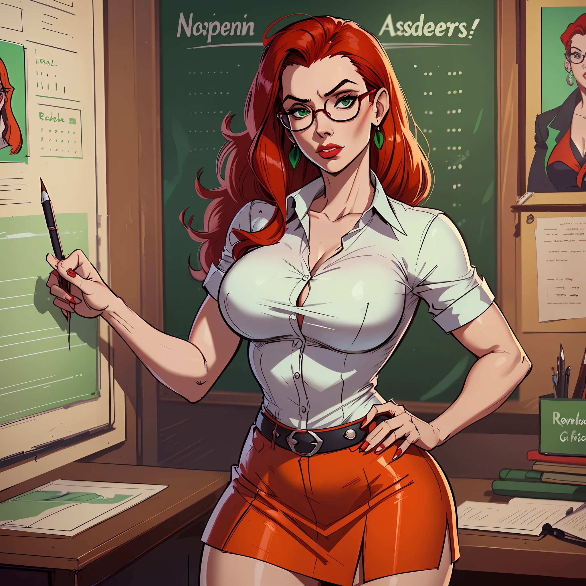 a drawing of a woman with red hair and glasses, by Eddie Mendoza, trending on deviantart, digital art, white shirt and green skirt, pinup body, school girl, hips, high quality cartoon, raphael style, with a red skirt, jessica rabbit, jean-sebastien rossbach, office clothes, green and red, 1 9 5 0 s concept art, ivy