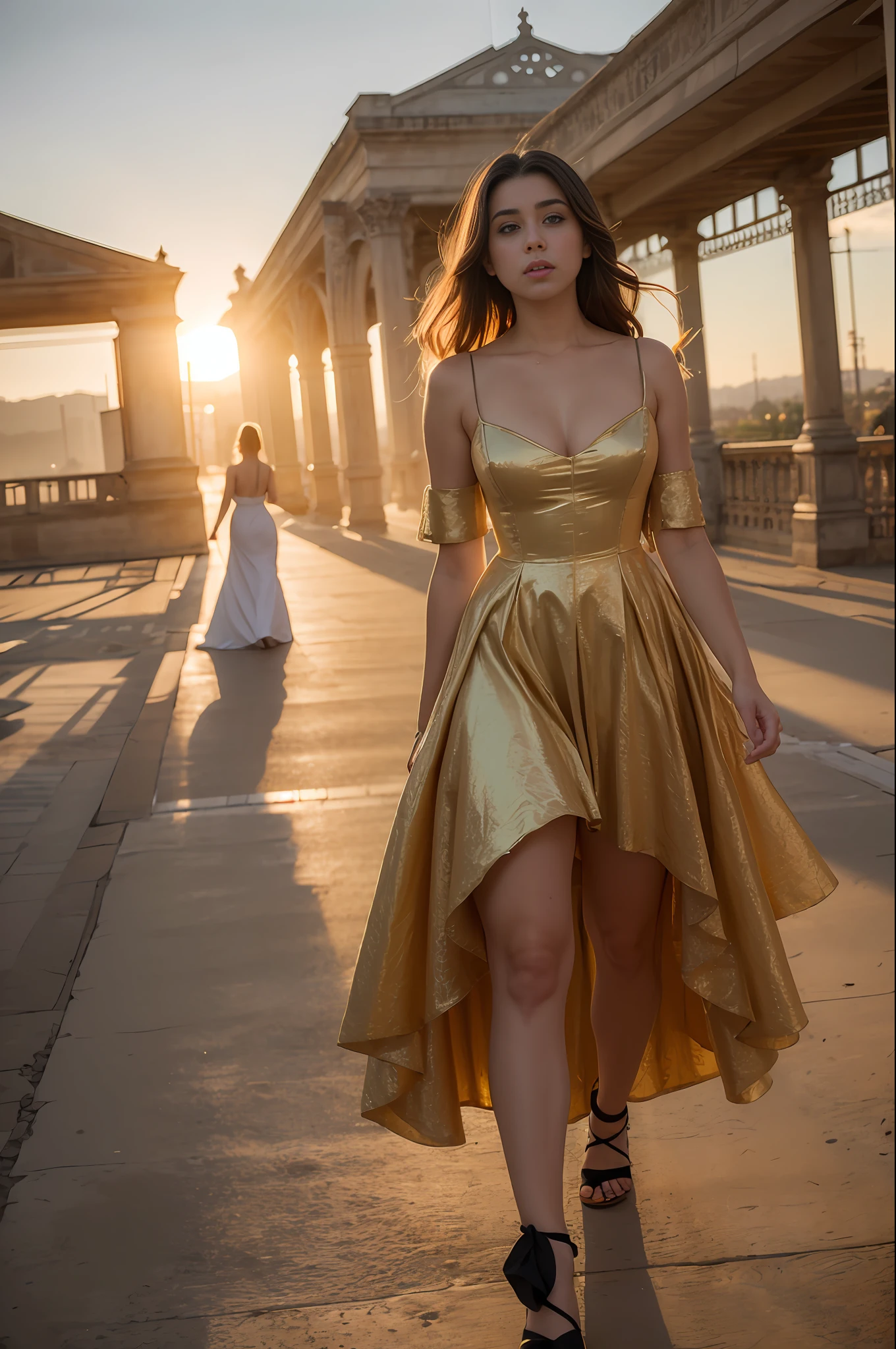 "((masterpiece)), best quality, sensual Victorian dress, happy and elegant Lauren Jauregui walking through a vibrant city, wide shot, exciting scenery in the background, golden light, soft shadows."