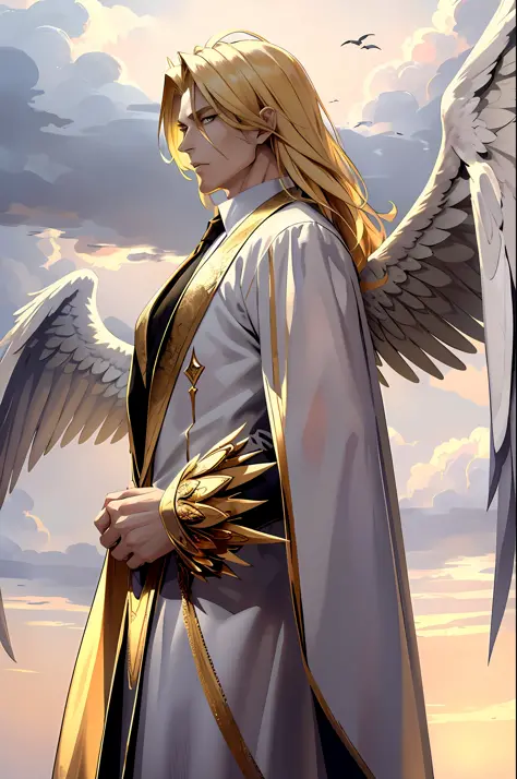 ((masterpiece, best quality)), 1guy, fallen angel lucifer, very handsome, blonde and medium hair, thin, huge and beautiful wings...