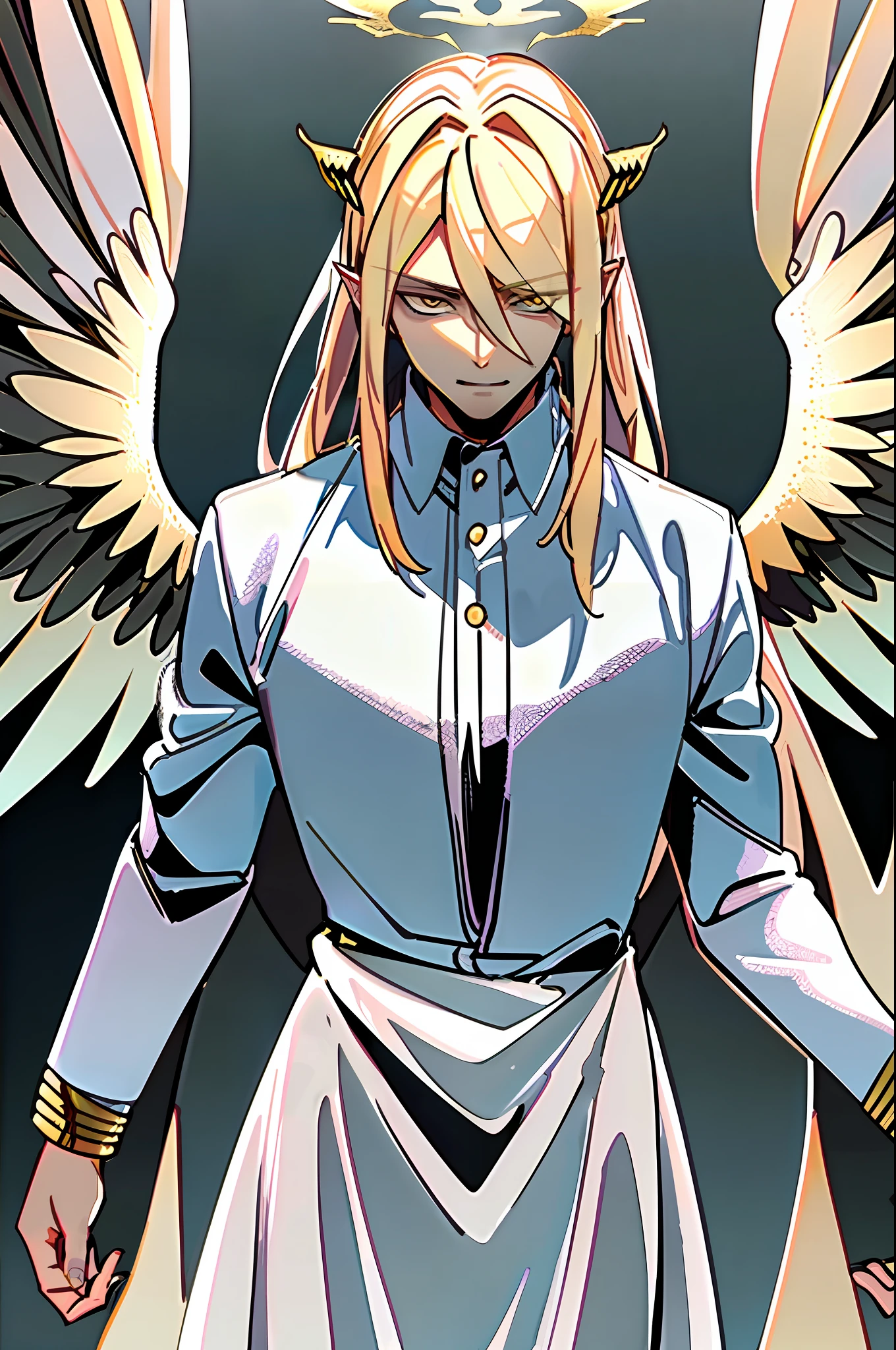 ((masterpiece, best quality)), 1guy, fallen angel Lucifer, very handsome, blonde and medium hair, thin, huge and beautiful wings on the back, in white clothes, evil expression, looking at the viewer, golden clouds in the background