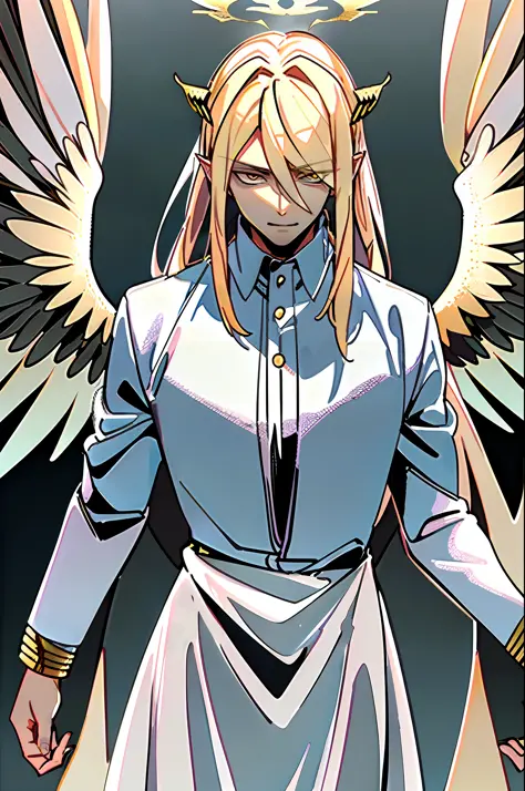 ((masterpiece, best quality)), 1guy, fallen angel Lucifer, very handsome, blonde and medium hair, thin, huge and beautiful wings...