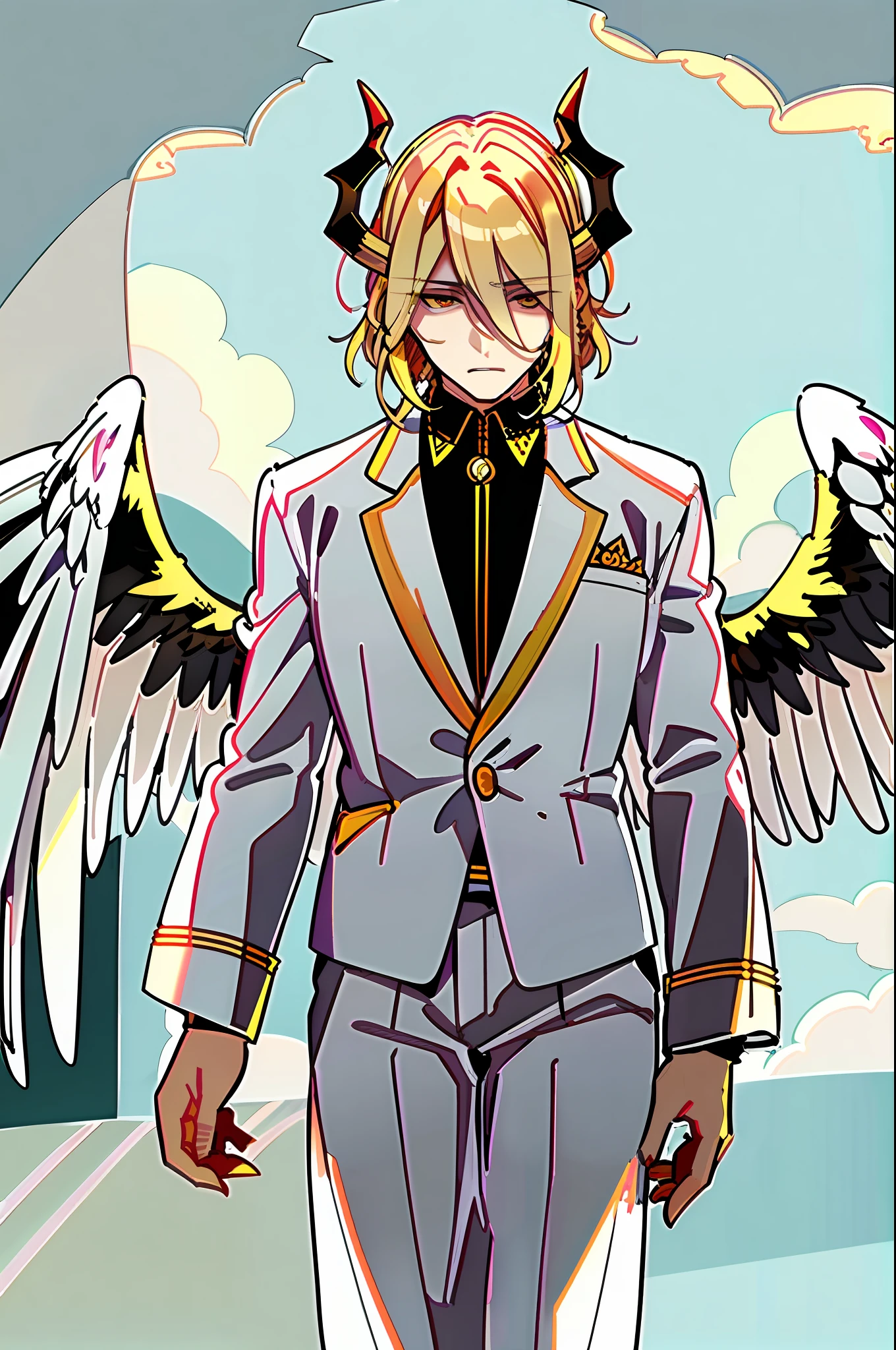 ((masterpiece, best quality)), 1guy, fallen angel Lucifer, very handsome, blonde and medium hair, thin, huge and beautiful wings on the back, in white clothes, evil expression, looking at the viewer, golden clouds in the background