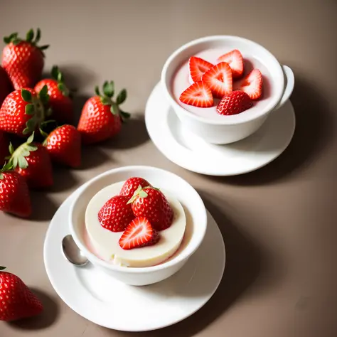 raw photo, pannacotta strawberry, foodphoto, dslr, soft lighting, high quality, grain film, fujifilm xt