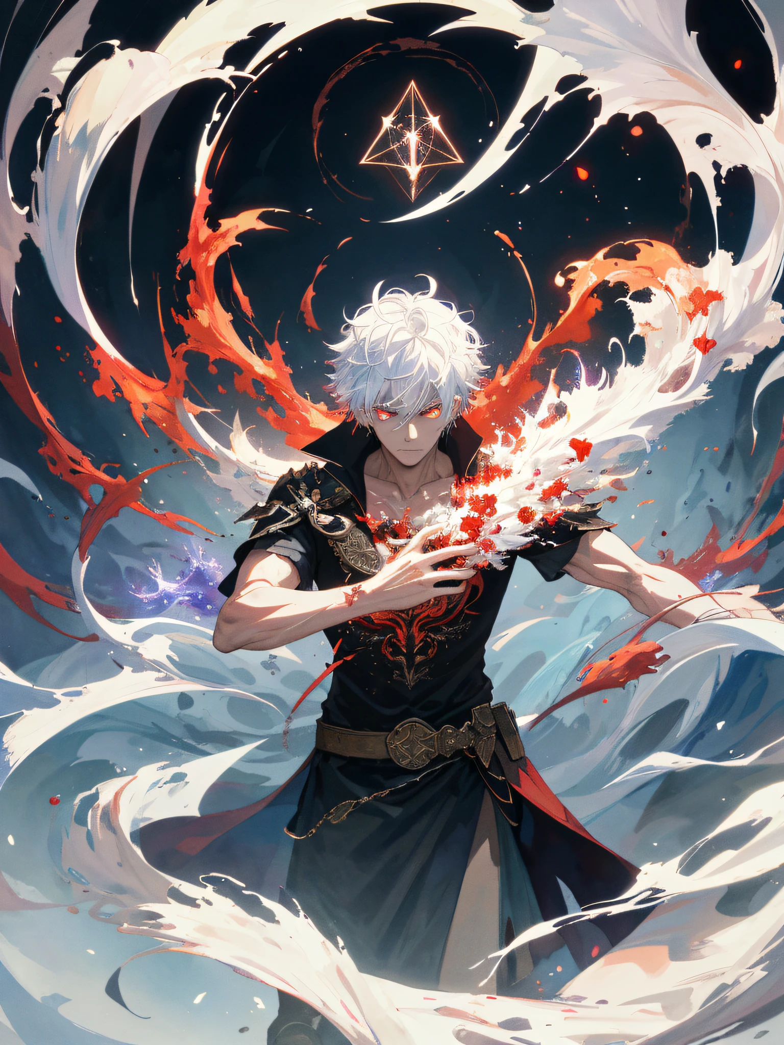 a painting that represents the essence of magic in his world, showing the white-haired, red-eyed protagonist with a mystical black mark on his neck immersed in a cascade of magical energy, with glowing particles dancing around him and arcane symbols forming in the air, masterpiece, best quality, ultra-detailed, illustration, 8k resolution concept art, fantasy art, epic art, 4K concept art wallpaper, deep color, natural lighting